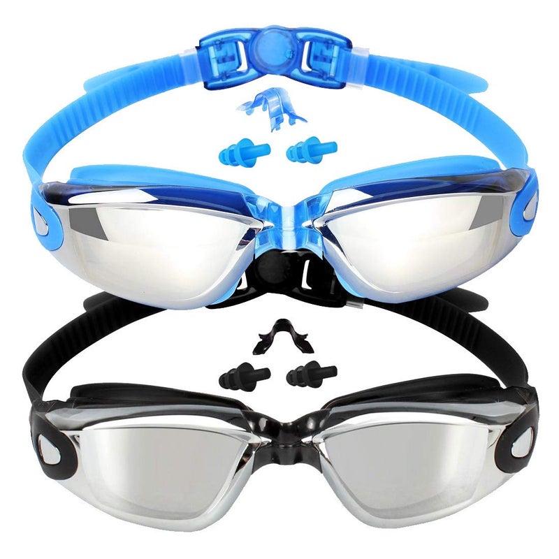 EverSport Kids Swim Goggles, Pack of 2 Swimming Goggles for Children Teens, Anti-Fog Anti-UV Youth Swim Glasses Leak Proof for Age4-16, Mirrored Blue & Black, Portable - Image 1